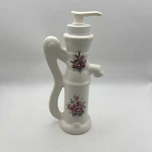 Vintage Ceramic Lotion Soap Dispenser Pump Water Pump Style Pink Roses Farmhouse